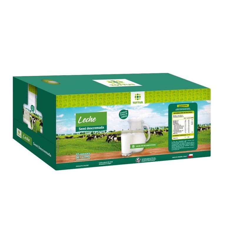 Pack Leche Semi Descremada Natural Tottus 12 x 1 L