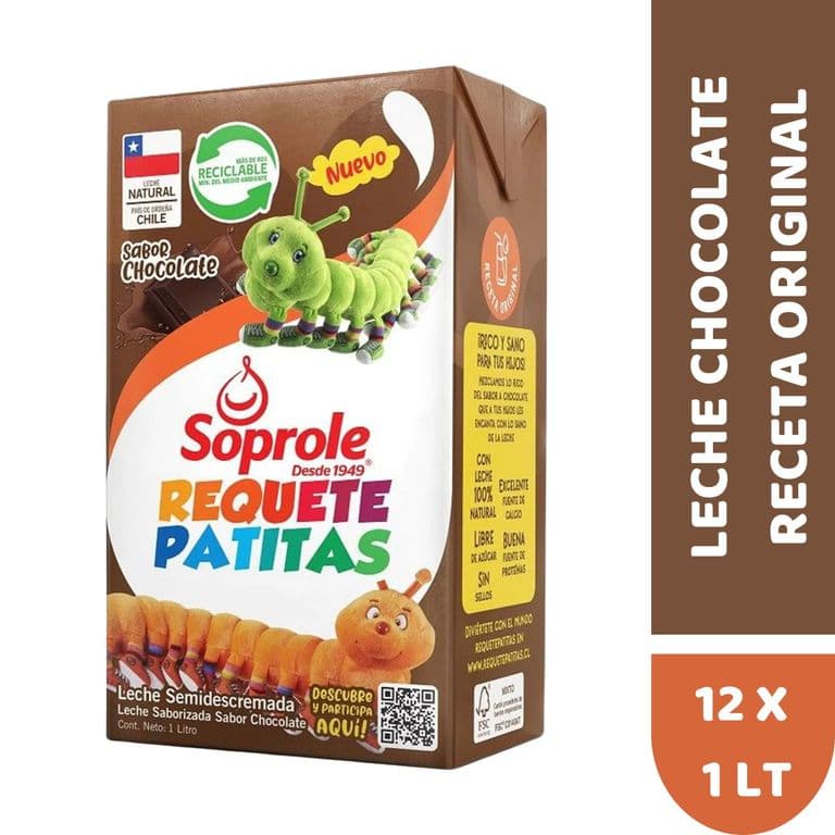 Pack 12 un. Leche Soprole Semidescremada Chocolate Requetepatitas 1 L