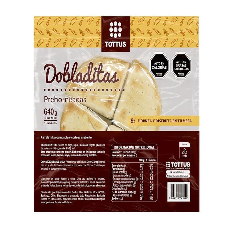 Dobladitas Prehorneadas Tottus 8 Un 640 g