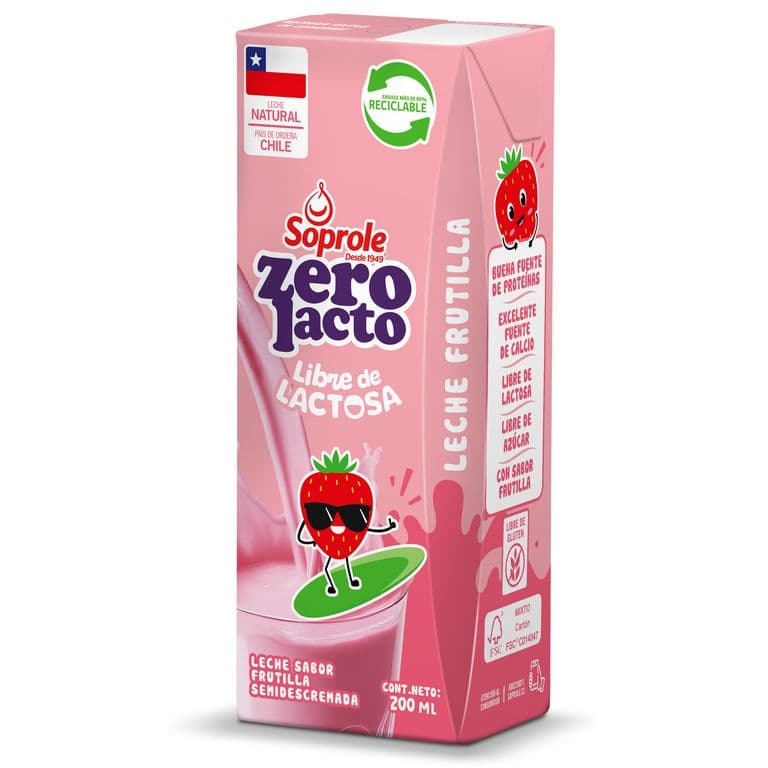 Leche Semidescremada Zerolacto Sabor Frutilla Soprole 200 ml