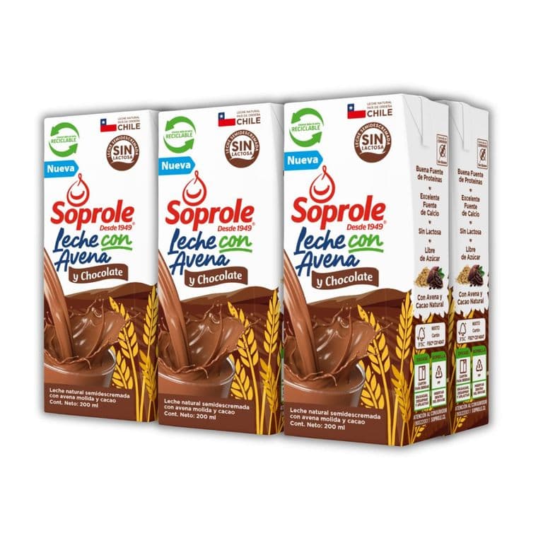 Pack Leche Semidescremada con Avena y Chocolate Soprole 6 x 200 ml