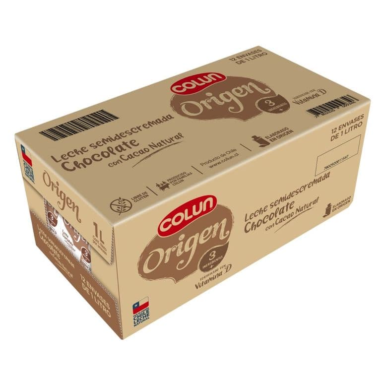 Pack Leche Semidescremada Origen Sabor Chocolate Colun 12 x 1 L