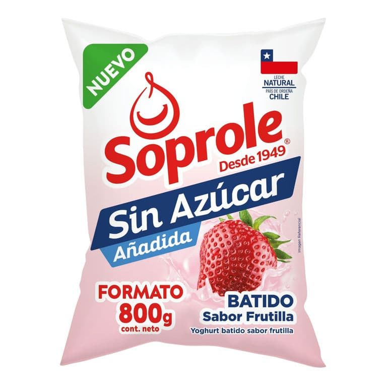 Yogurt Batido Soprole Frutilla Sin Azúcar Bolsa 800 g