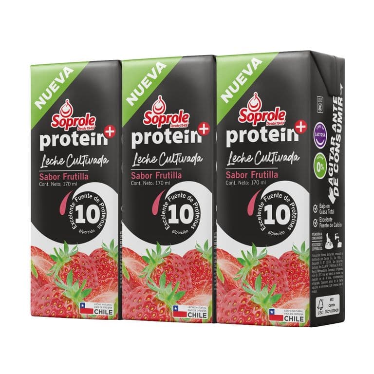 Pack Leche Cultivada Proteín Sabor Frutilla Soprole 3 x 170 ml
