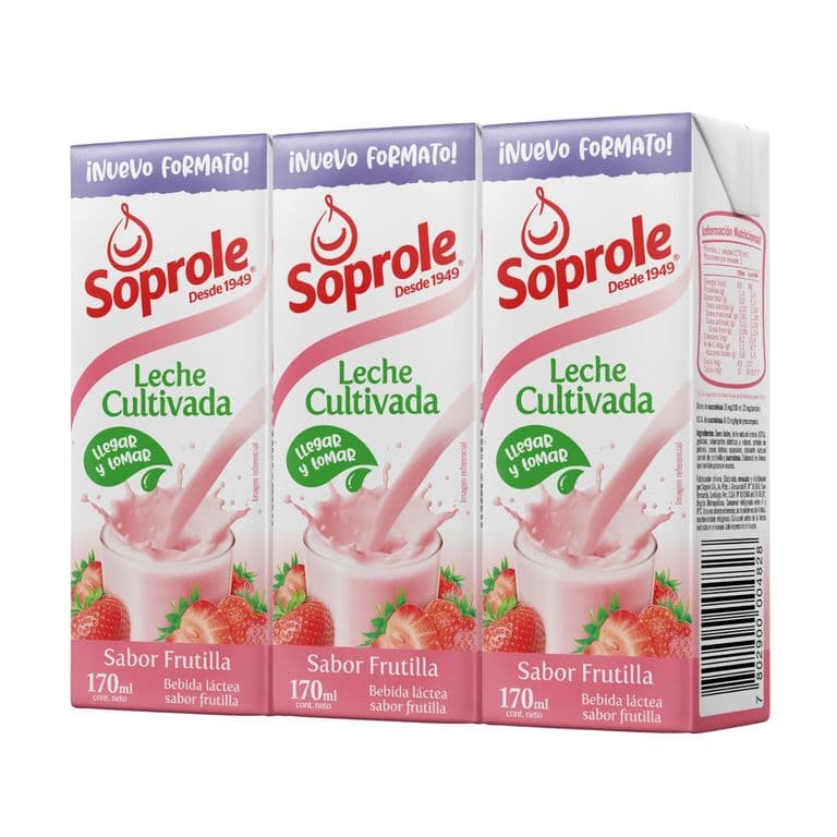Pack Leche Cultivada Sabor Frutilla Soprole 3 x 170 ml